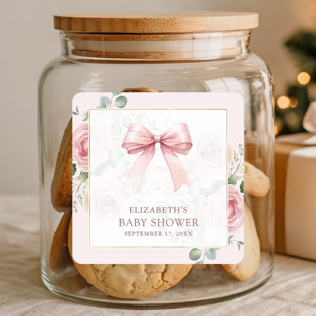  Blush Pink Floral Coquette Bow Baby Shower Square Sticker (Creator Uploaded)