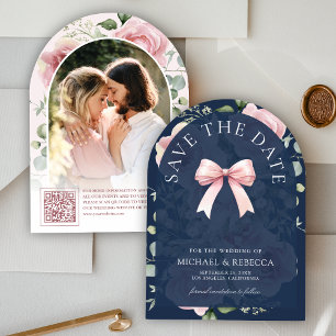 Blush Pink Floral Coquette Bow Navy Photo Wedding Save The Date