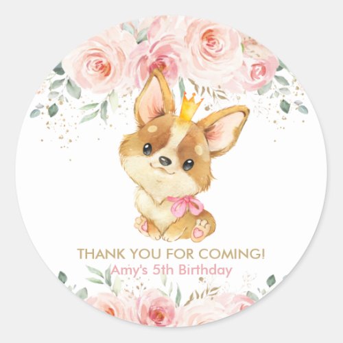 Blush Pink Floral Corgi Puppy Dog Thank You Favor Classic Round Sticker