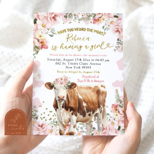 Blush Pink Floral Cow Farm Girl Baby Shower Invitation