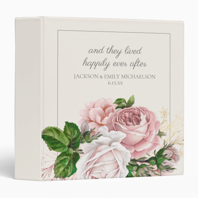 Blush Pink Floral Cream Wedding Happily Ever After 3 Ring Binder (Front/Spine)