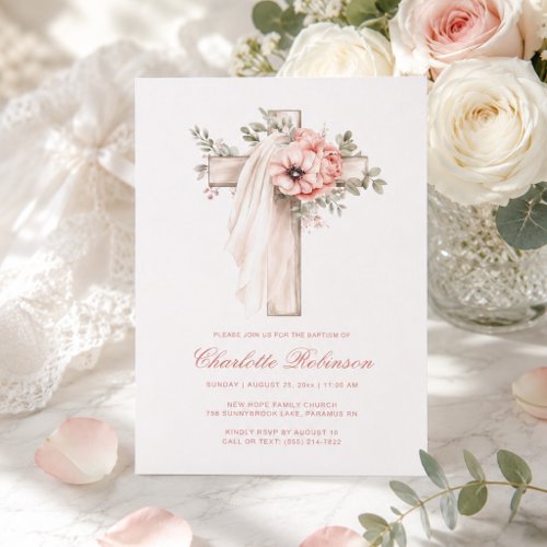 Blush Pink Floral Cross Baptism  Invitation