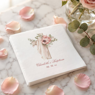 Blush Pink Floral Cross Baptism Napkins
