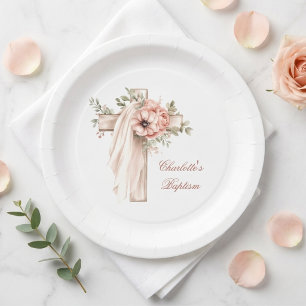 Blush Pink Floral Cross Baptism Paper Plates