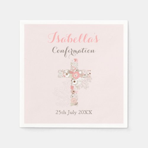 Blush pink floral cross name girl confirmation napkins
