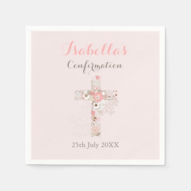 Blush pink floral cross name girl confirmation napkins (Front)