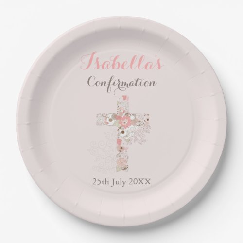 Blush pink floral cross name girl confirmation  paper plates