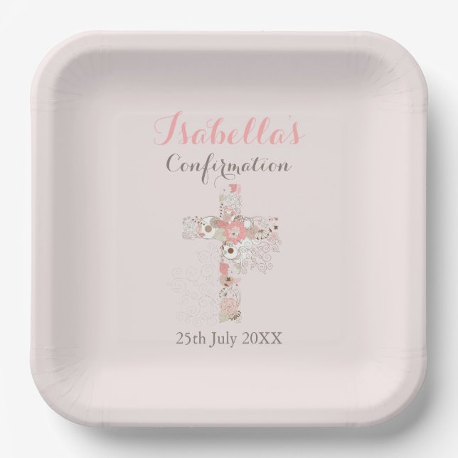 Blush pink floral cross name girl confirmation   paper plates (Front)