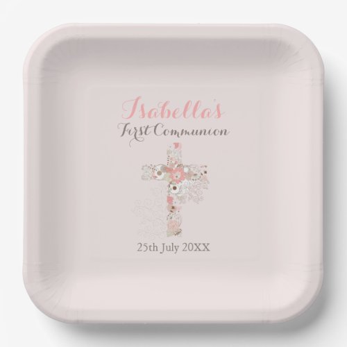 Blush pink floral cross name girl first communion paper plates