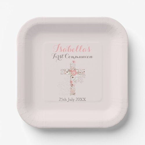 Blush pink floral cross name girl first communion  paper plates