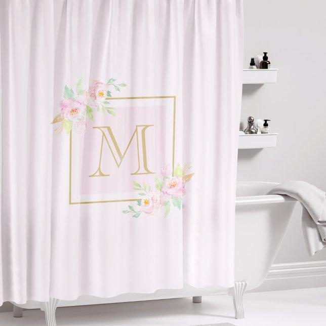 Blush Pink Floral Custom Initial Shower Curtain (Creator Uploaded)