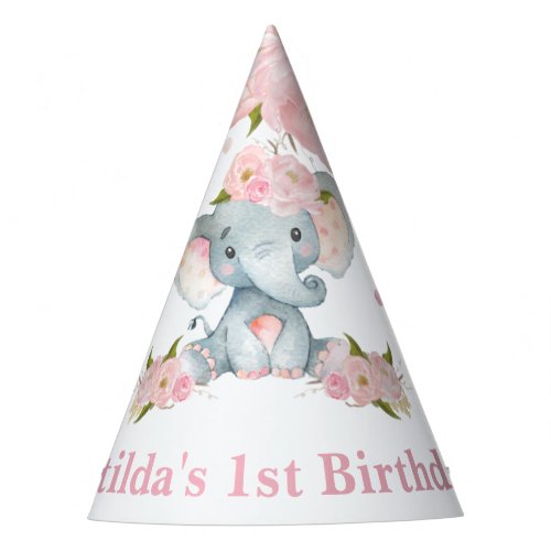 Blush Pink Floral Cute Baby Elephant 1st Birthday Party Hat