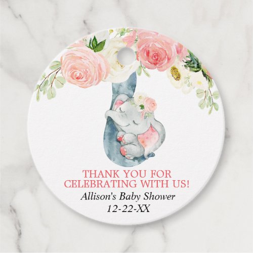 Blush pink floral cute baby elephant favor tags