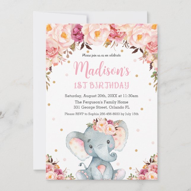 Blush Pink Floral Cute Elephant 1st Birthday  Invitation (Front)