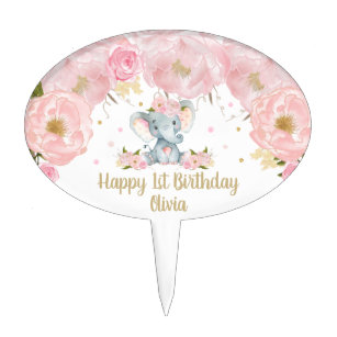 Blush Pink Floral Cute Elephant 1st Birthday Party Cake Topper