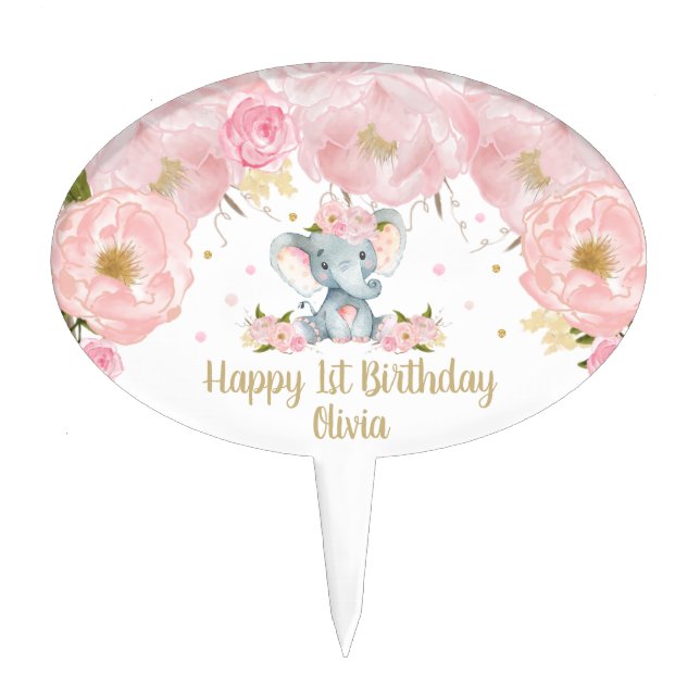Blush Pink Floral Cute Elephant 1st Birthday Party Cake Topper (Front)