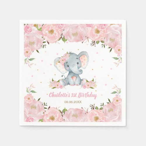 Blush Pink Floral Cute Elephant 1st Birthday Party Napkins