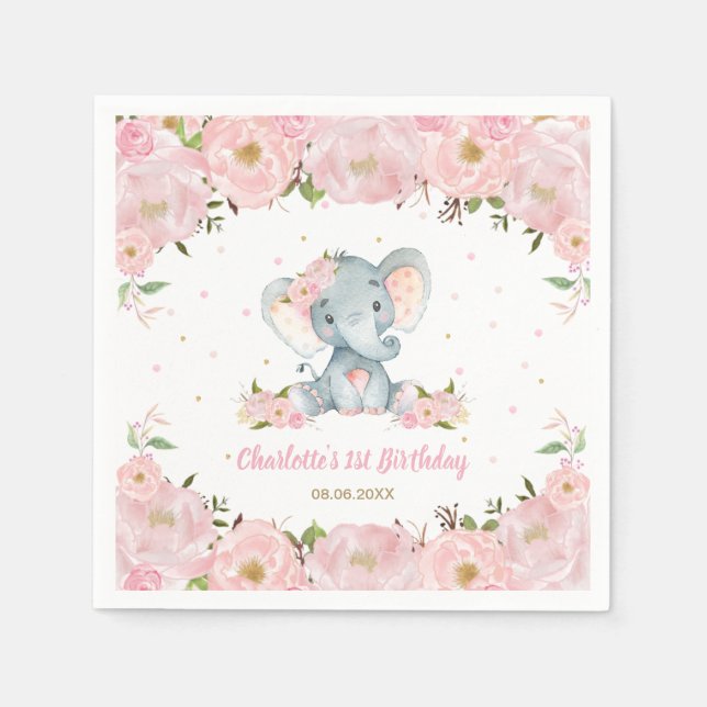 Blush Pink Floral Cute Elephant 1st Birthday Party Napkins (Front)