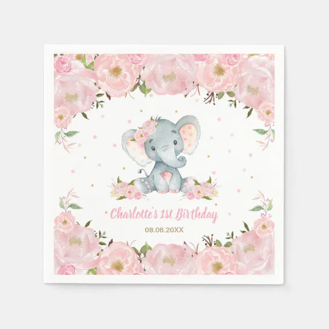 Blush Pink Floral Cute Elephant 1st Birthday Party Napkins | Zazzle