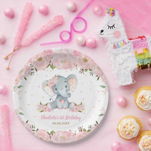 Blush Pink Floral Cute Elephant 1st Birthday Party Paper Plates