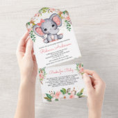 Blush Pink Floral Cute Elephant Baby Shower All In One Invitation (Tearaway)