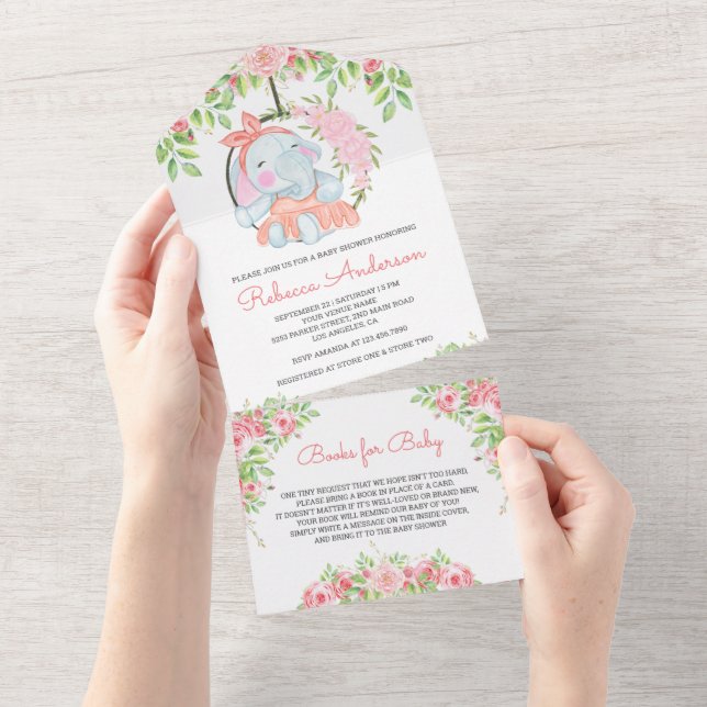 Blush Pink Floral Cute Elephant Baby Shower All In One Invitation (Tearaway)