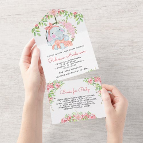 Blush Pink Floral Cute Elephant Baby Shower All In One Invitation