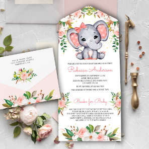Blush Pink Floral Cute Elephant Baby Shower All In One Invitation