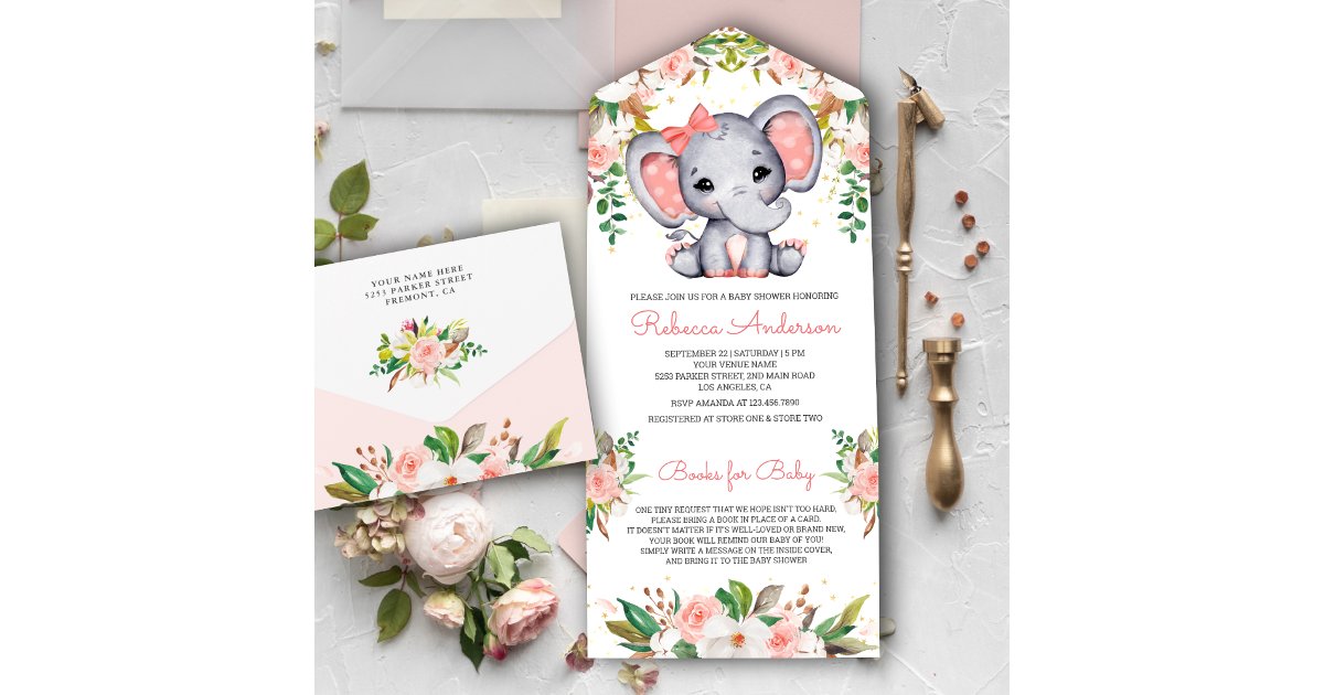 Blush Pink Floral Cute Elephant Baby Shower All In One Invitation | Zazzle