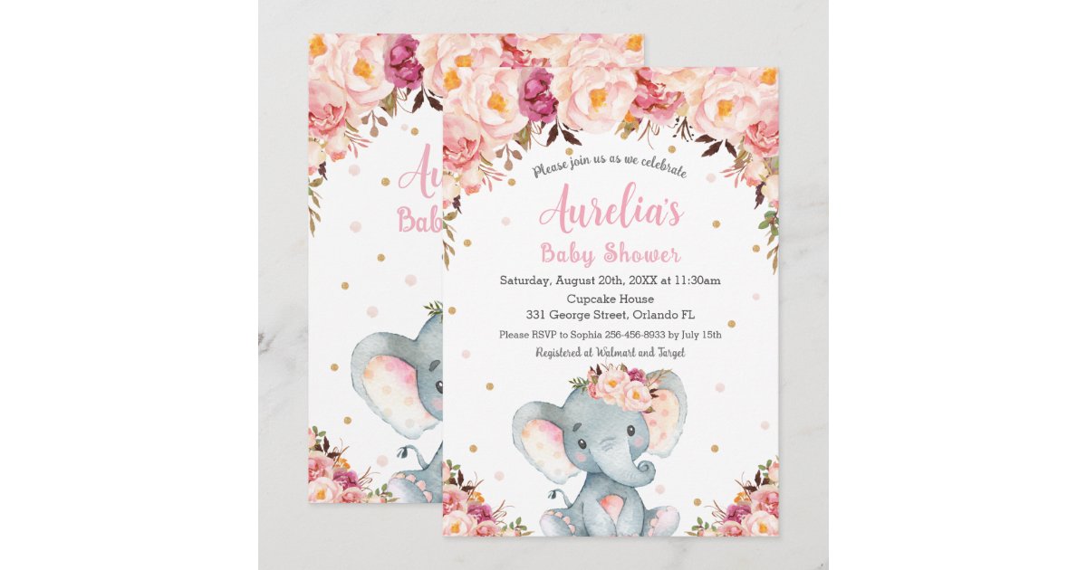 Blush Pink Floral Cute Elephant Baby Shower Girl Invitation | Zazzle