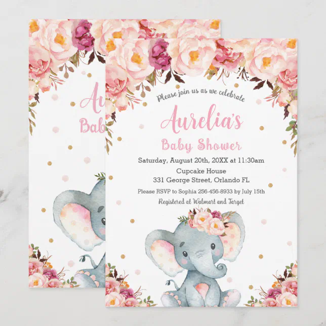 Blush Pink Floral Cute Elephant Baby Shower Girl Invitation | Zazzle