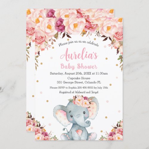 Blush Pink Floral Cute Elephant Baby Shower Girl Invitation