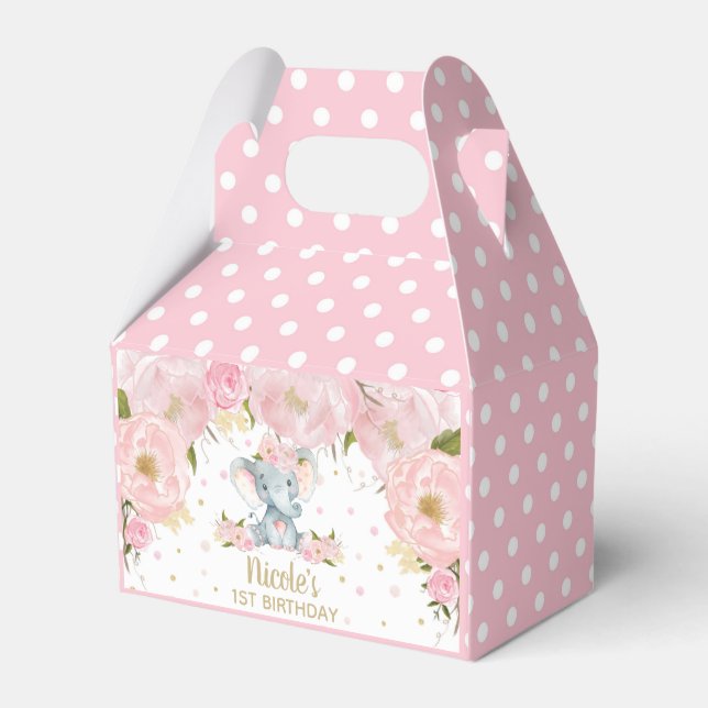 Blush Pink Floral Cute Elephant Birthday Thank You Favor Boxes (Front Side)