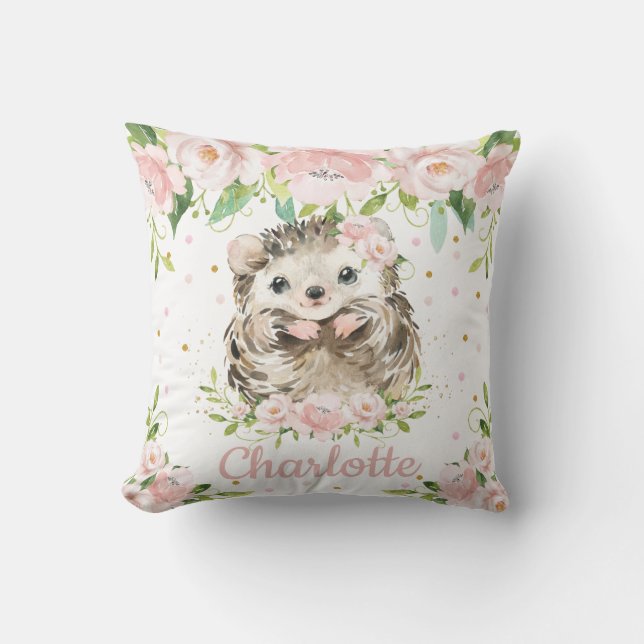 Blush Pink Floral Cute Hedgehog Girl Nursery Throw Pillow (Front)