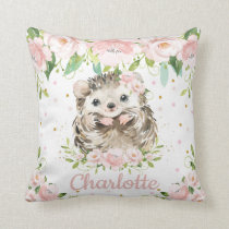 Blush Pink Floral Cute Hedgehog Girl Nursery Throw Pillow