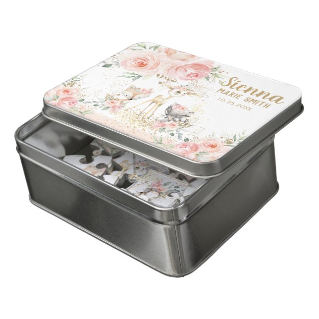 Blush Pink Floral Cute Woodland Animals Baby Girl Jigsaw Puzzle (Lid Open)