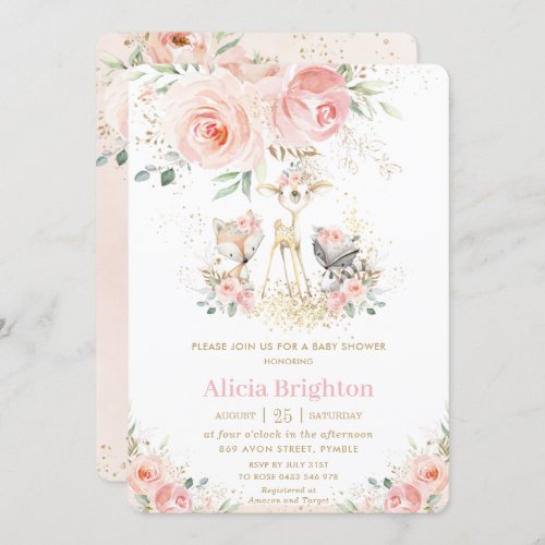 Blush Pink Floral Cute Woodland Girly Baby Shower Invitation