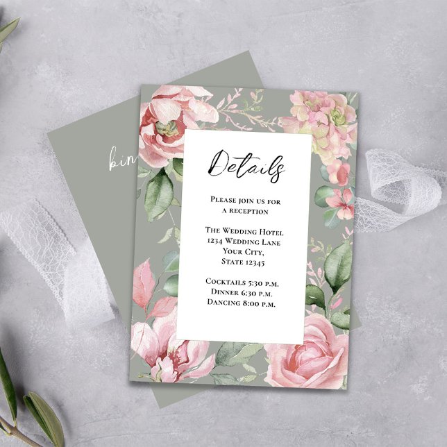 Blush Pink Floral Details Wedding  Enclosure Card (Elegant wedding details card with blush pink floral design and stylish grey. )
