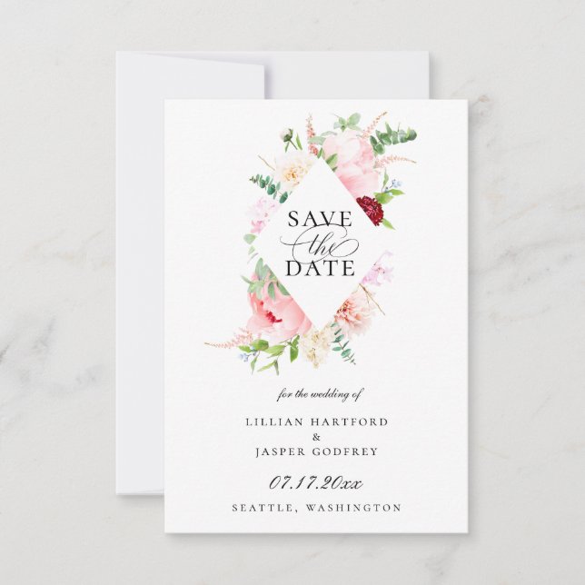 Blush Pink Floral Diamond Frame Save The Date Announcement (Front)
