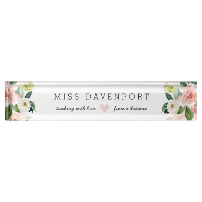 Blush Pink Floral Distance Learning Teacher Gift Desk Name Plate (Front)