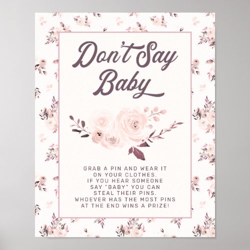 Blush Pink Floral Dont Say Baby Shower Game Sign