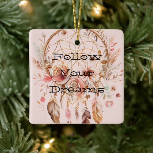 Blush Pink Floral Dream Catcher Ceramic Ornament