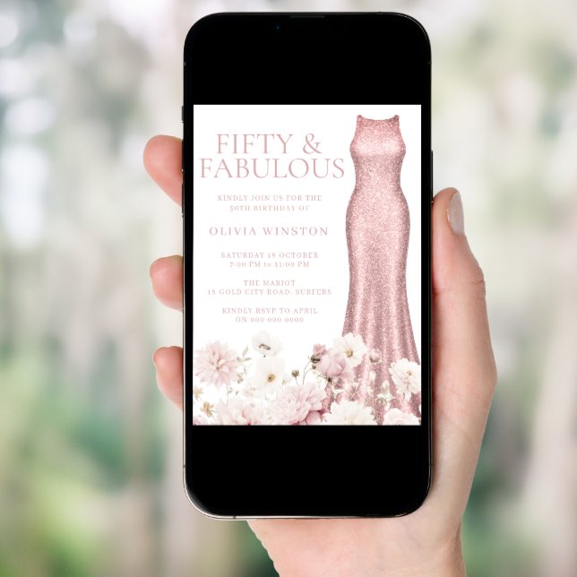 Blush Pink Floral & Dress 50th Birthday Party Invitation (Front Digital)
