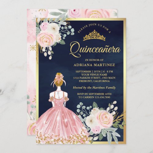 Blush Pink Floral Dress Navy Blue Gold Quinceanera Invitation