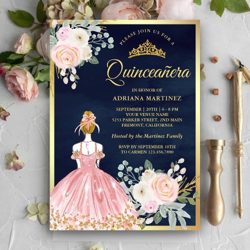 Blush Pink Floral Dress Navy Blue Gold Quinceanera Invitation