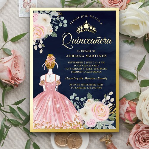 Blush Pink Floral Dress Navy Blue Quinceanera Gold Foil Invitation