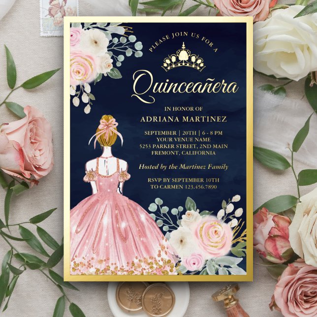 Blush Pink Floral Dress Navy Blue Quinceanera Gold Foil Invitation (Creator Uploaded)