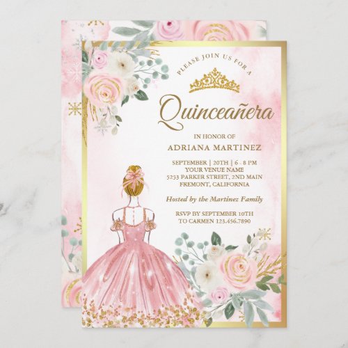 Blush Pink Floral Dress Princess Gold Quinceanera Invitation