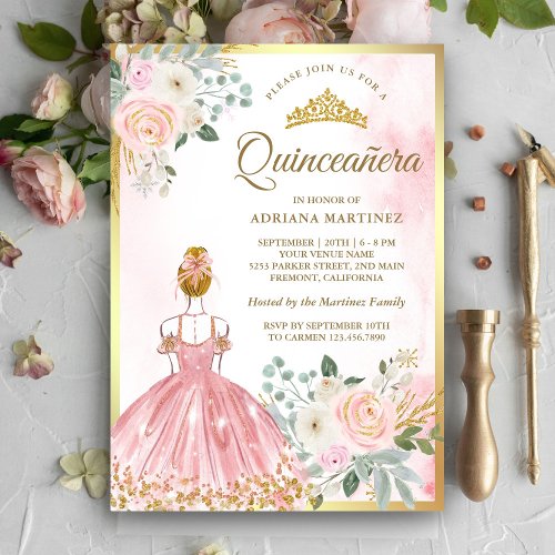 Blush Pink Floral Dress Princess Gold Quinceanera Invitation