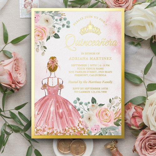 Blush Pink Floral Dress Princess Quinceanera Gold Foil Invitation
